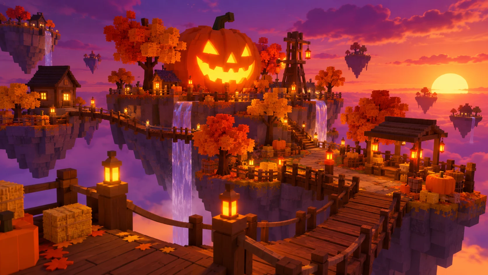 Illustrated Autumn island with a giant jack-o-lantern