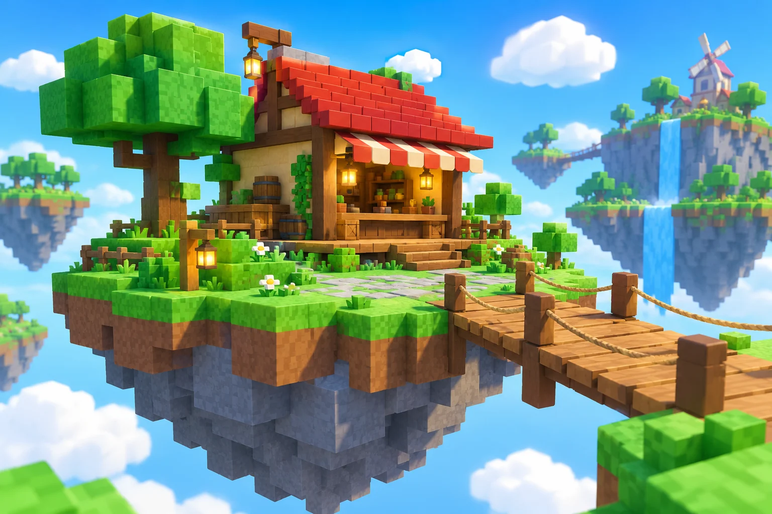 Illustrated Spawn island with a small shop and wooden bridge