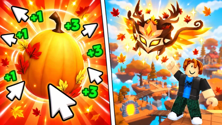 Official Roblox thumbnail: pumpkin taps beside an autumn floating island